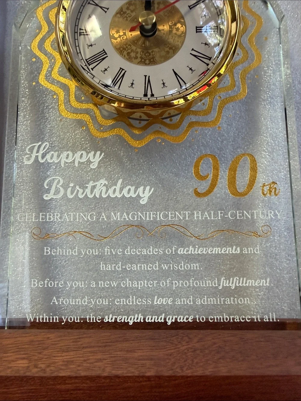 Gold Accent 90th Birthday Glass Clock Plaque